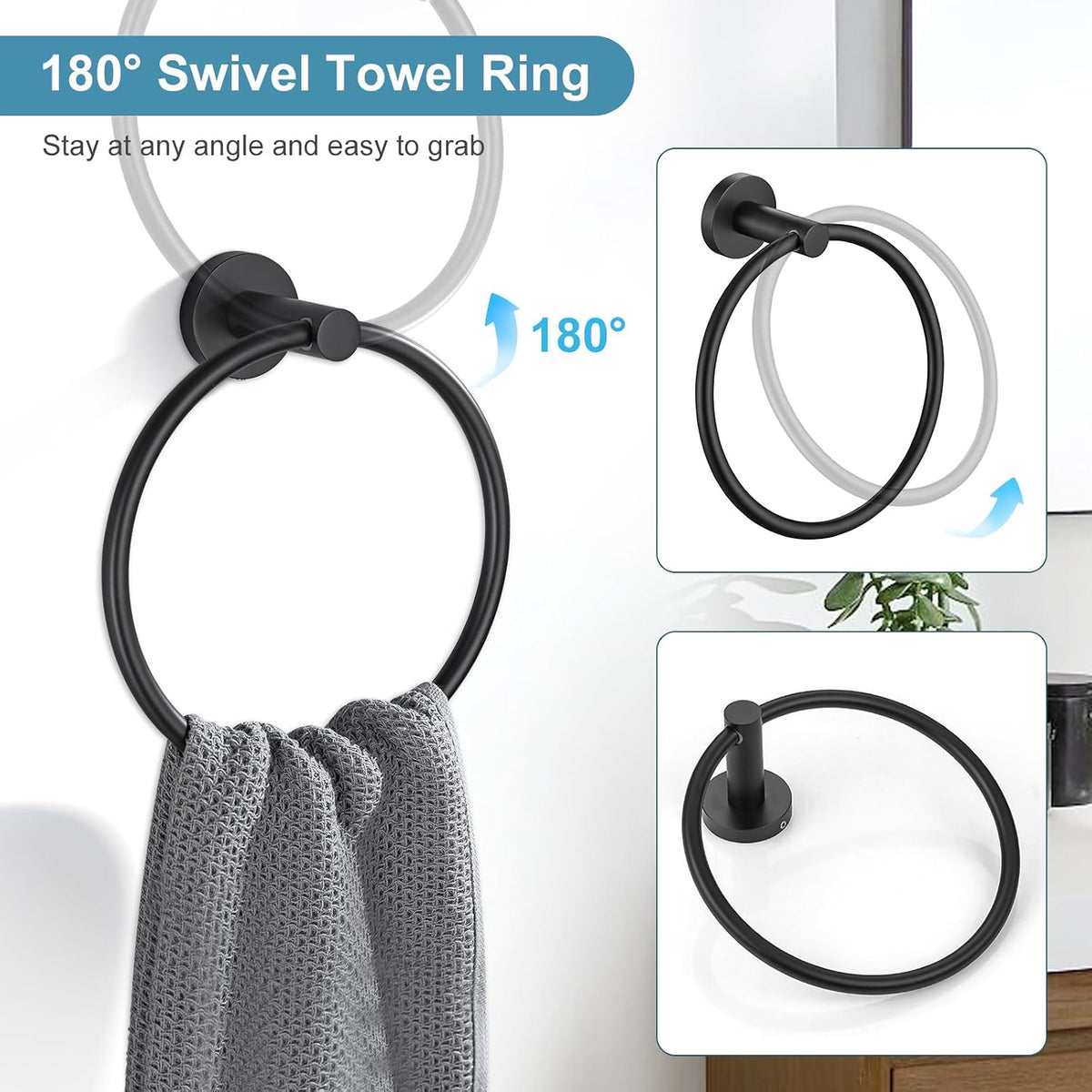 Matte Black Bathroom Hardware Set 5 Pieces, SUS304 Stainless Steel Towel Bar Set Round Bathroom Towel Rack Set Wall