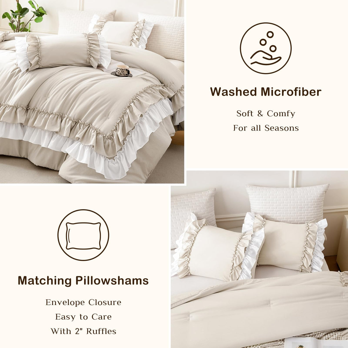 Ruffled King Comforter Set, Farmhouse Shabby Boho Chic Wheat and White Bedding Comforter Lightweight Ultra Soft
