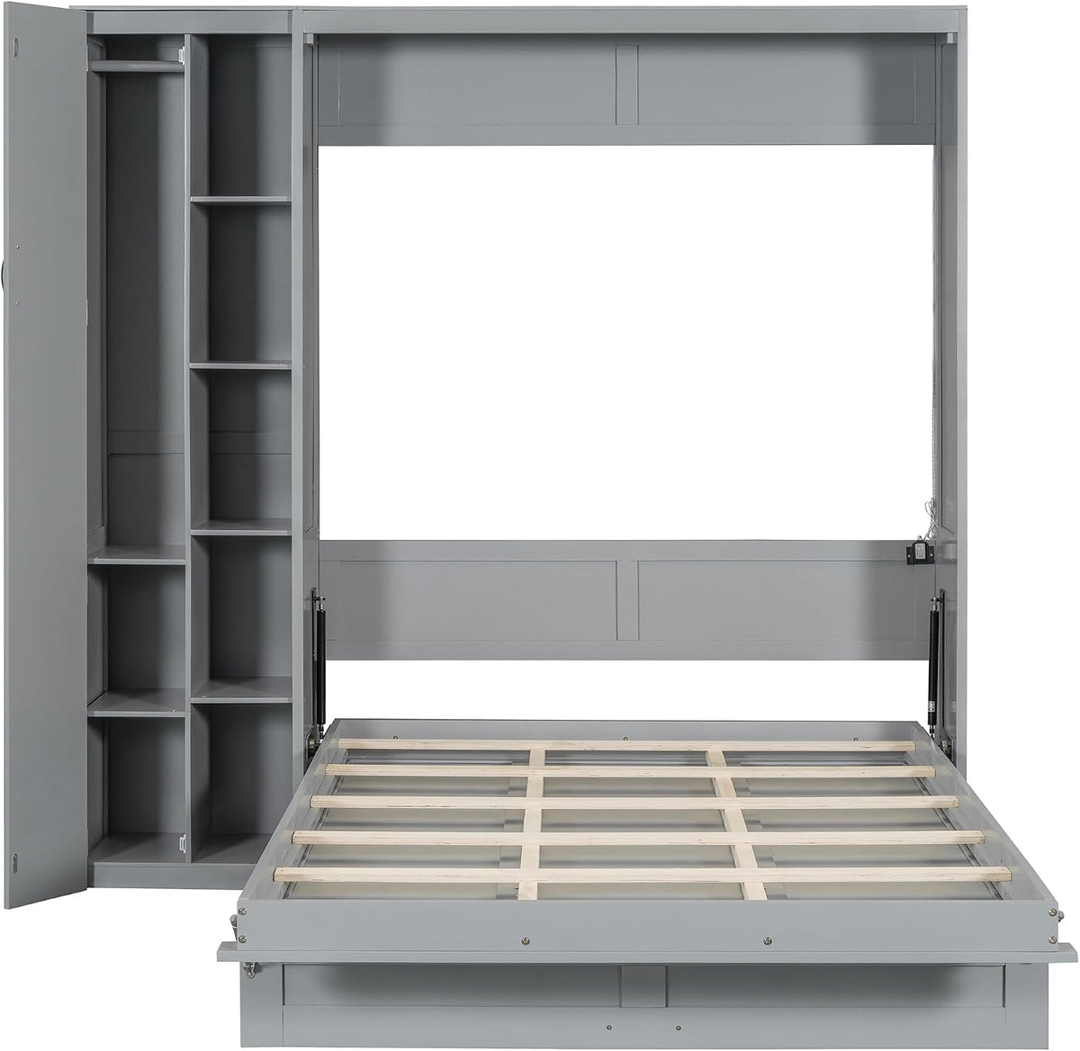 Full Murphy Bed Wall Bed with Shelves, Drawers and LED Lights,Gray