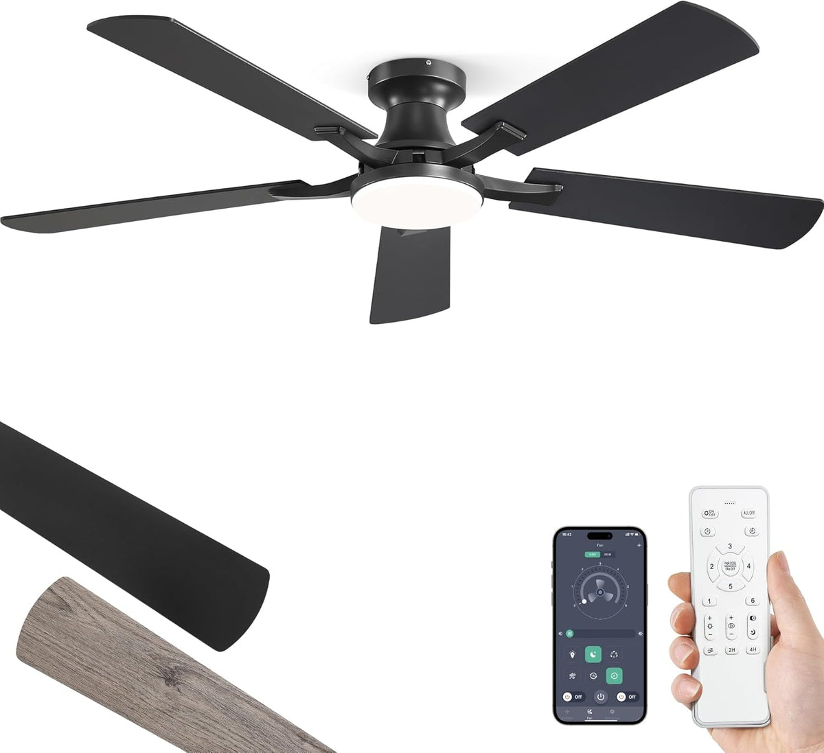 52" Black Flush Mount Ceiling Fan with Light & Remote