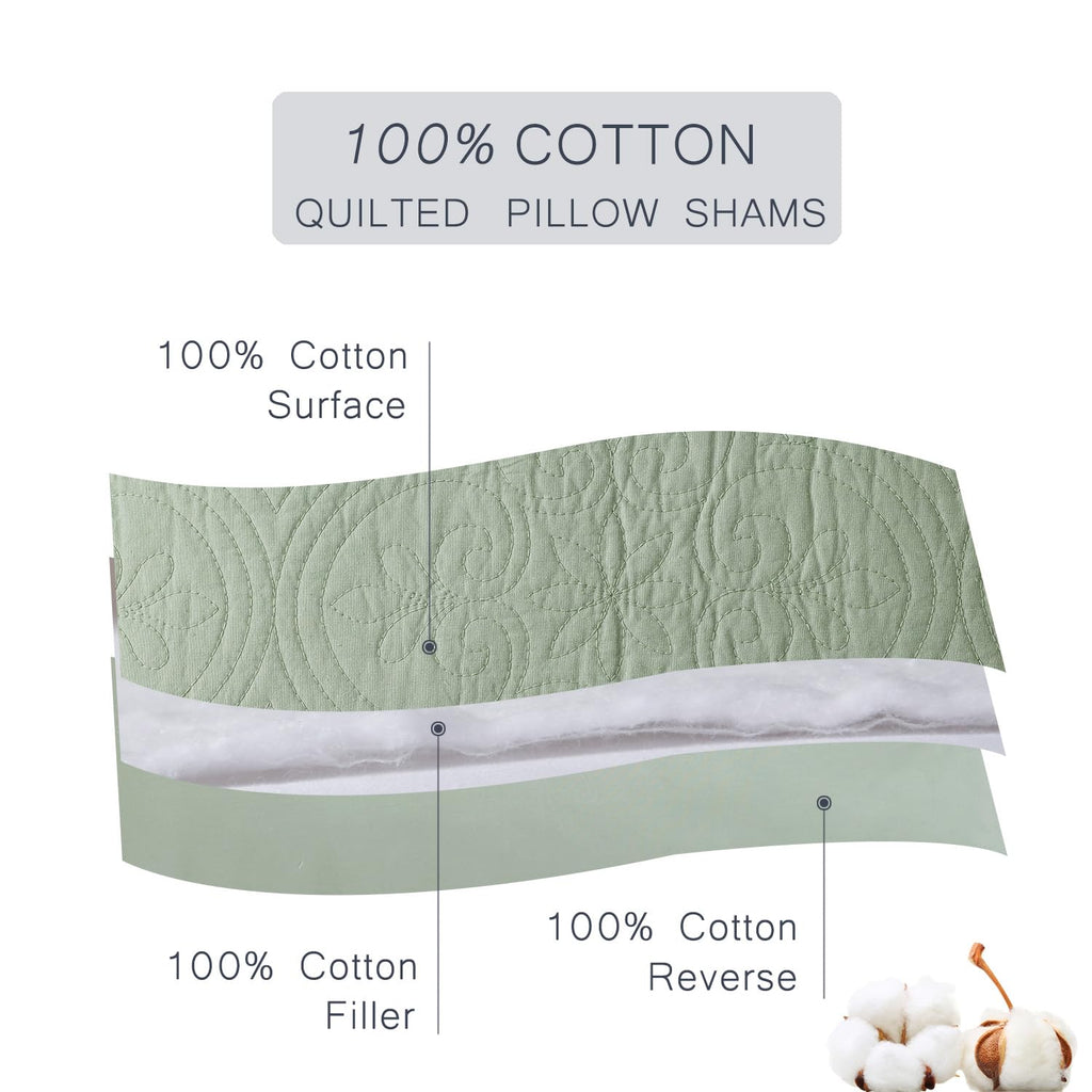 Quilted Pillow Sham Sage Green Standard Cotton Medallion Damask Set of 2 Embroidered Floral Scalloped Pillowcases