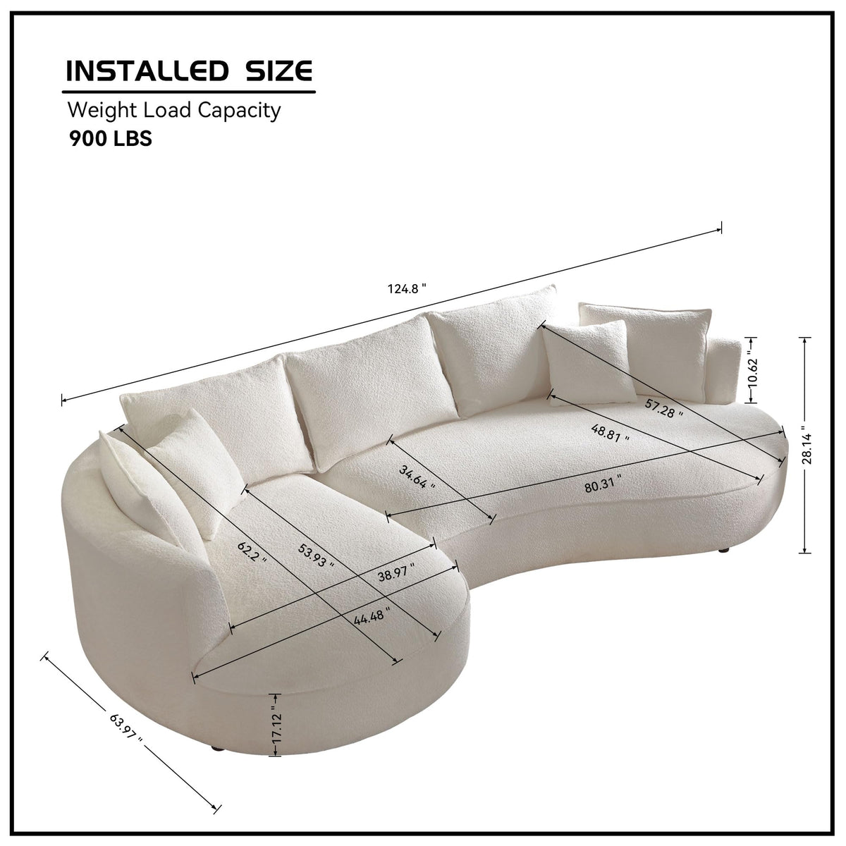 125" Curved Boucle Sectional Sofa, L-Shaped Couch, Beige