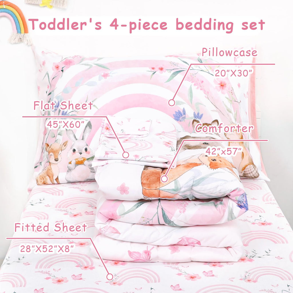 Toddler Bedding Set for Girls - 4 Piece Rainbow Toddler Comforter Set Includes Fitted Sheet, Comforter, Pillowcase &