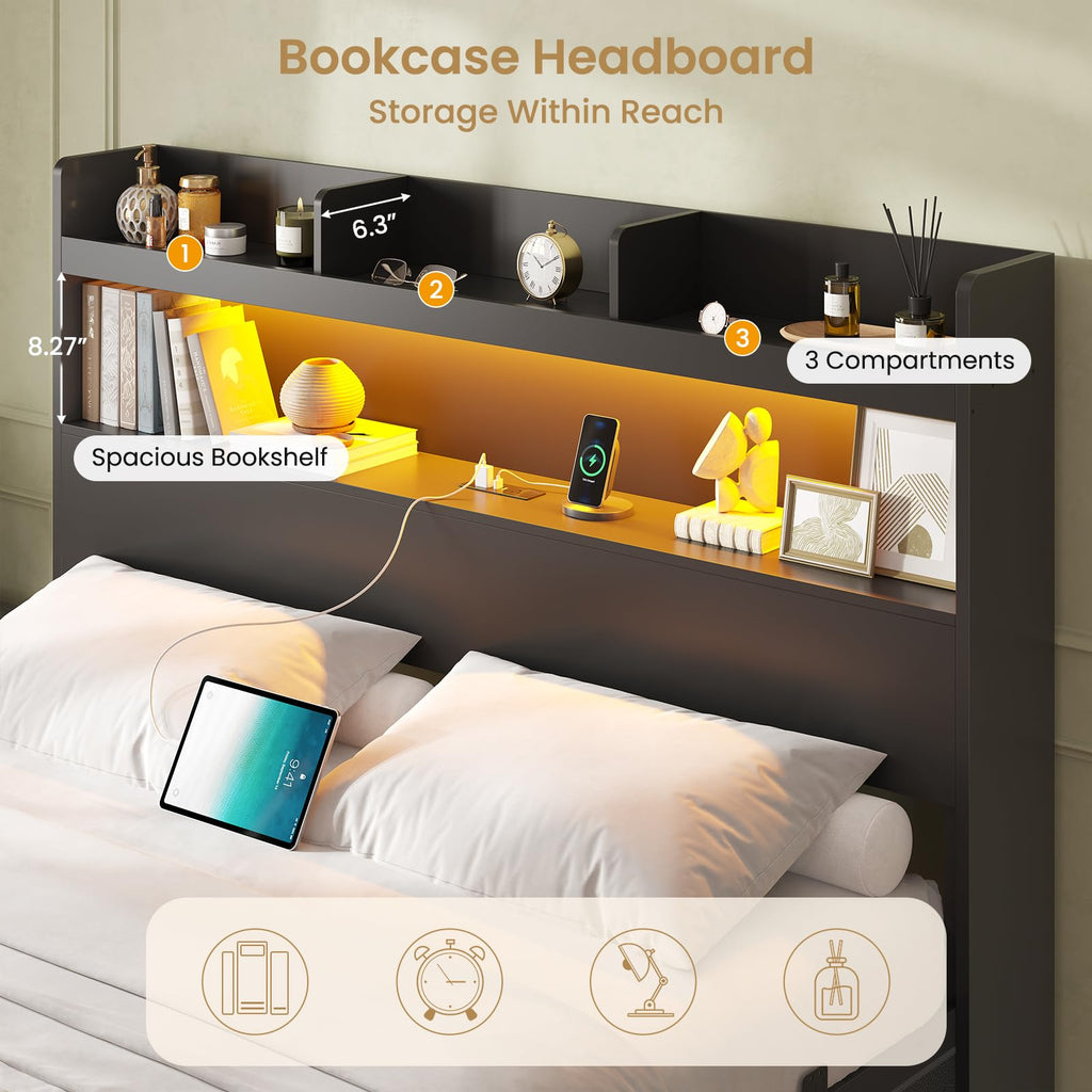 Full Bed Frame with Storage Headboard & 5 Drawers, LED Bed Frame Full Size with Charging Station, Wooden Platform