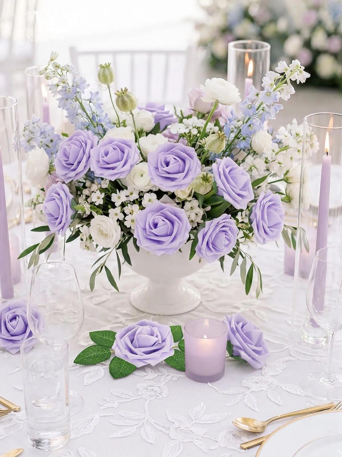 Artificial Flowers with Stems 25pcs Purple Lavender Flowers Bulk Real Touch Fake Roses Flowers for DIY Wedding Bridal