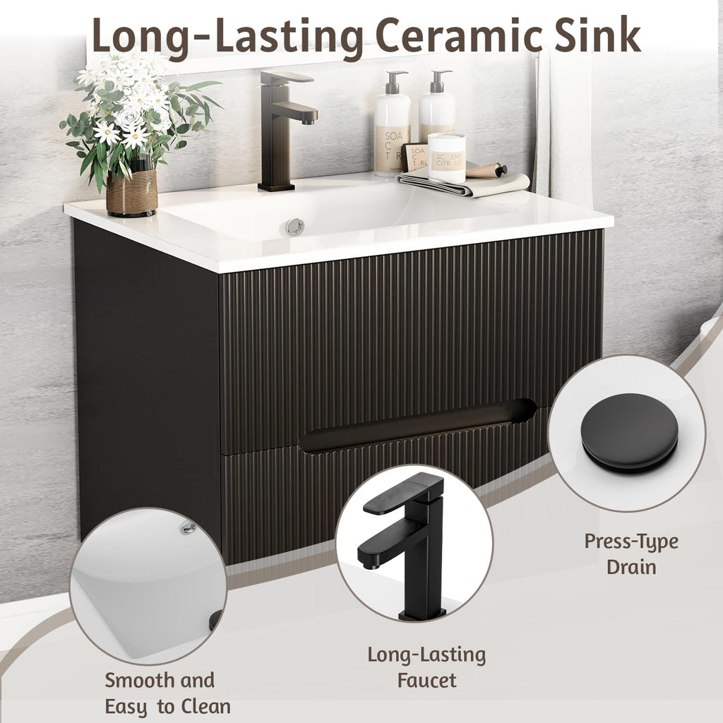 30" Floating Bathroom Vanity with Ceramic Sink - Wall Mounted Vanity Cabinet