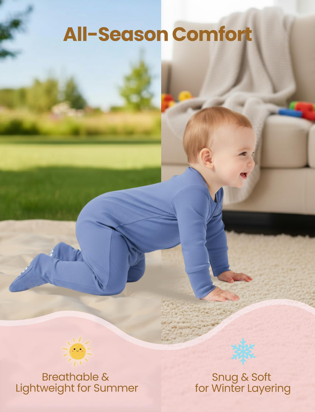 Baby Footies Boys Girls - Bamboo Viscose - 2 Way Zipper & Non-Slip Soles Romper Mitten - Footed & Footless Infant