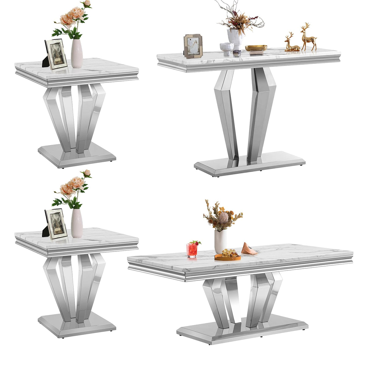 Modern 4 Piece Living Room Table Set, Includes 1 Coffee Table& 2 End Tables &1 Console Table, Luxury Faux Marble