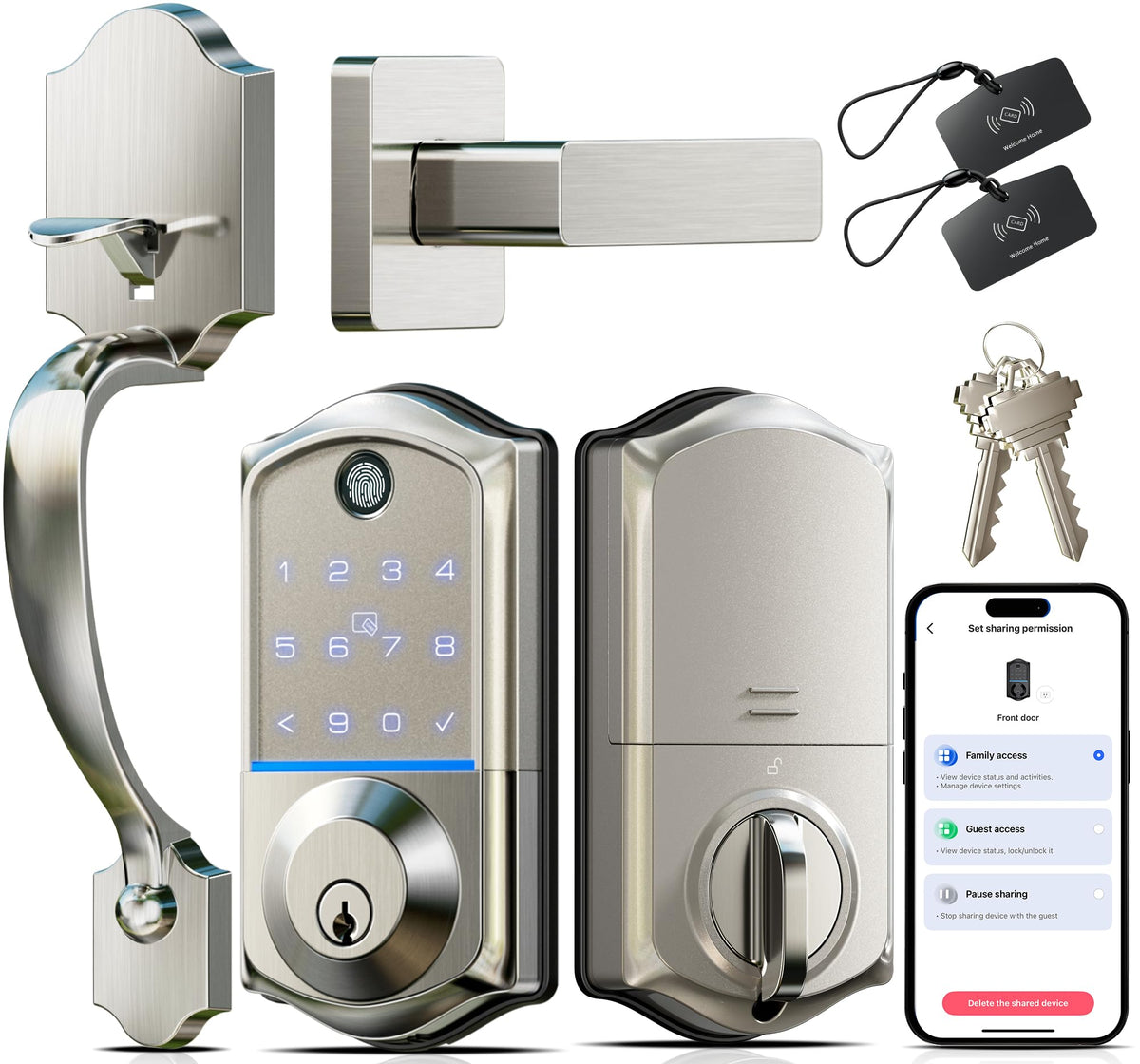 8-in-1 Fingerprint Smart Front Door Lock Set, Satin Nickel