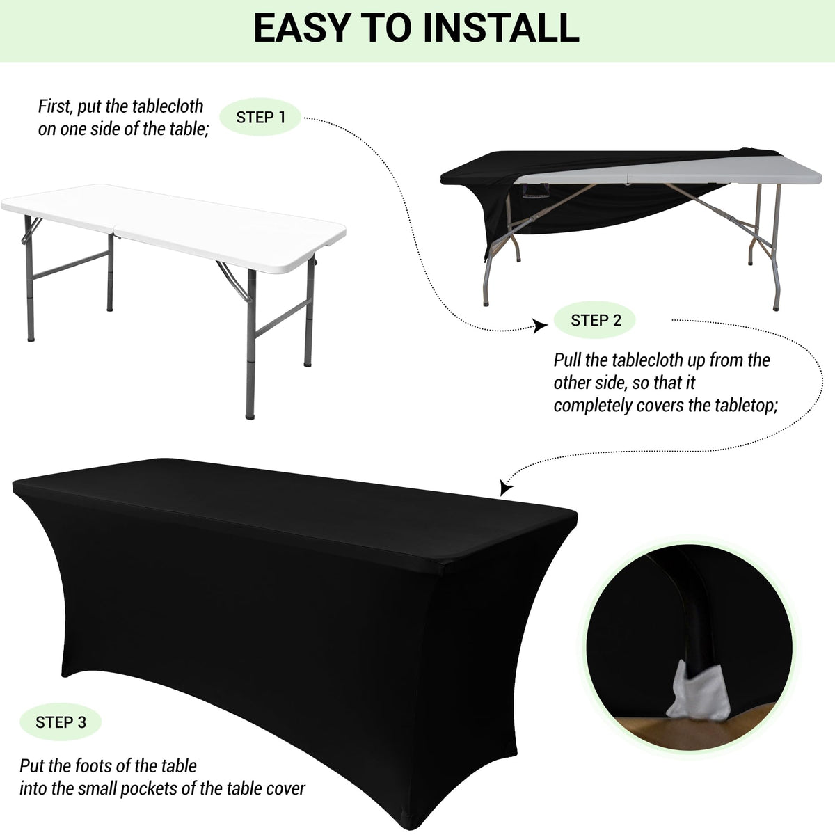 6 Pack Stretch Spandex Table Covers for 6 Foot Tables, Black