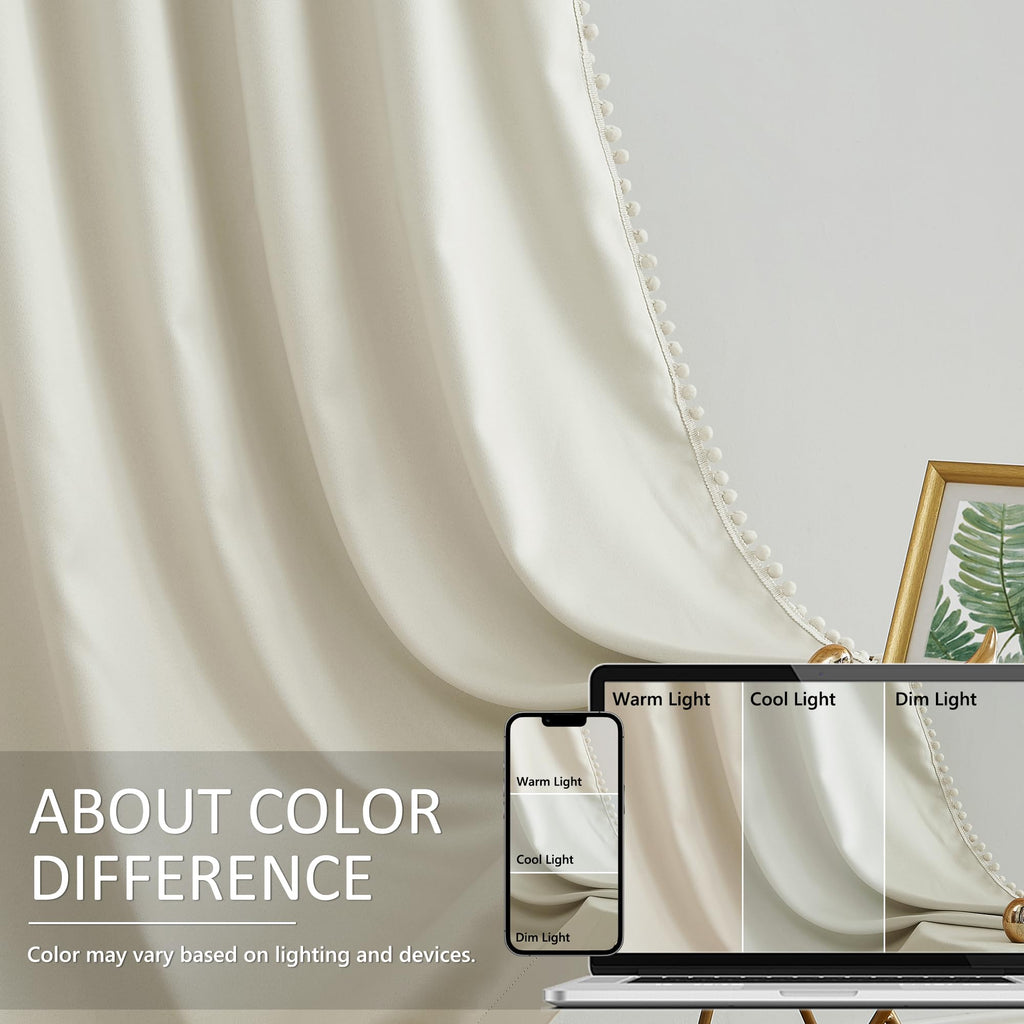 Pom Pom Blackout Curtains Ivory Curtains Room Darkening Curtain Drapes 54" Short Window Curtain Set Bedroom 2 Panels