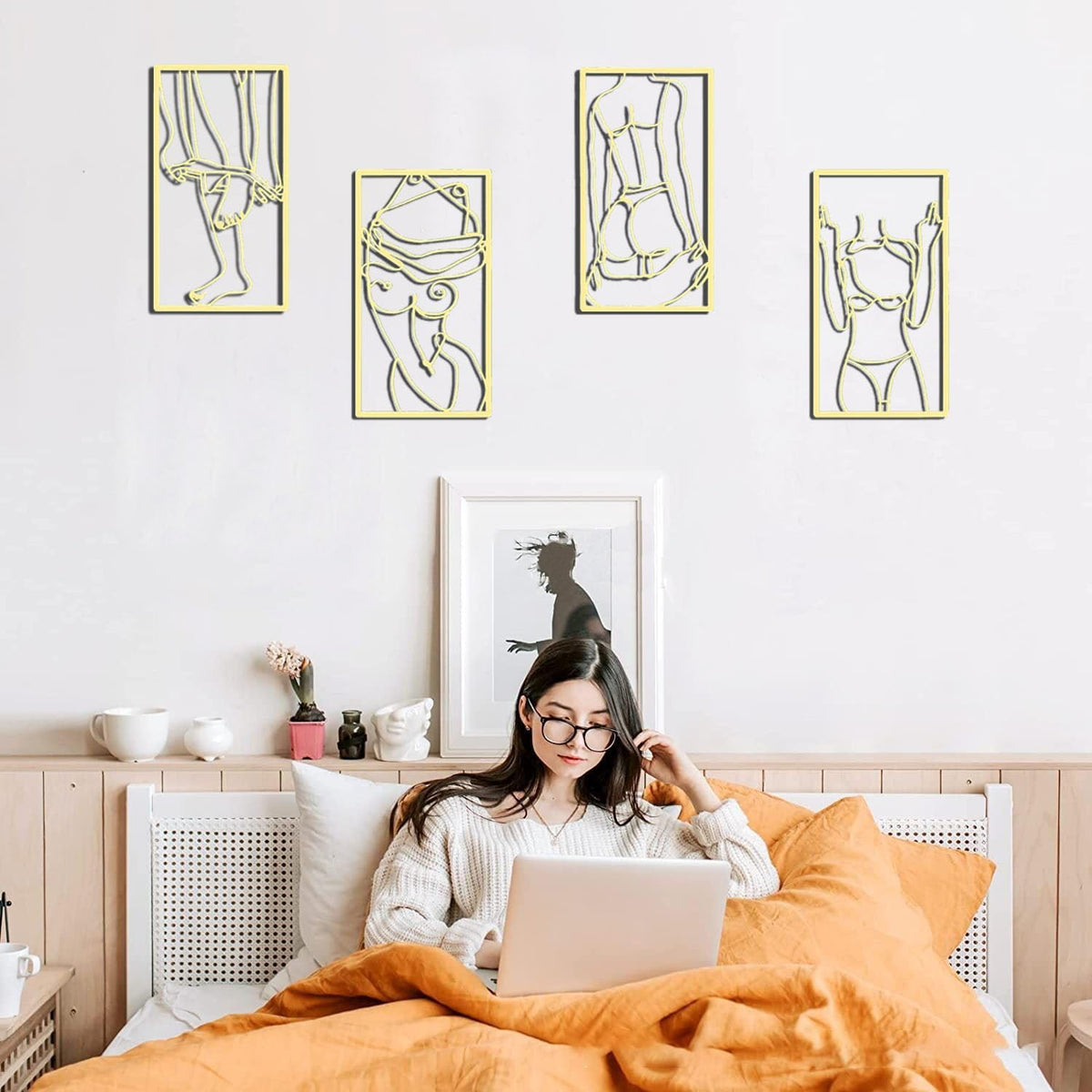 4-Piece Abstract Line Metal Wall Art Print Decor Line Drawing Home Hanging Wall Art Bedroom Wall (Gold) - Set of 4