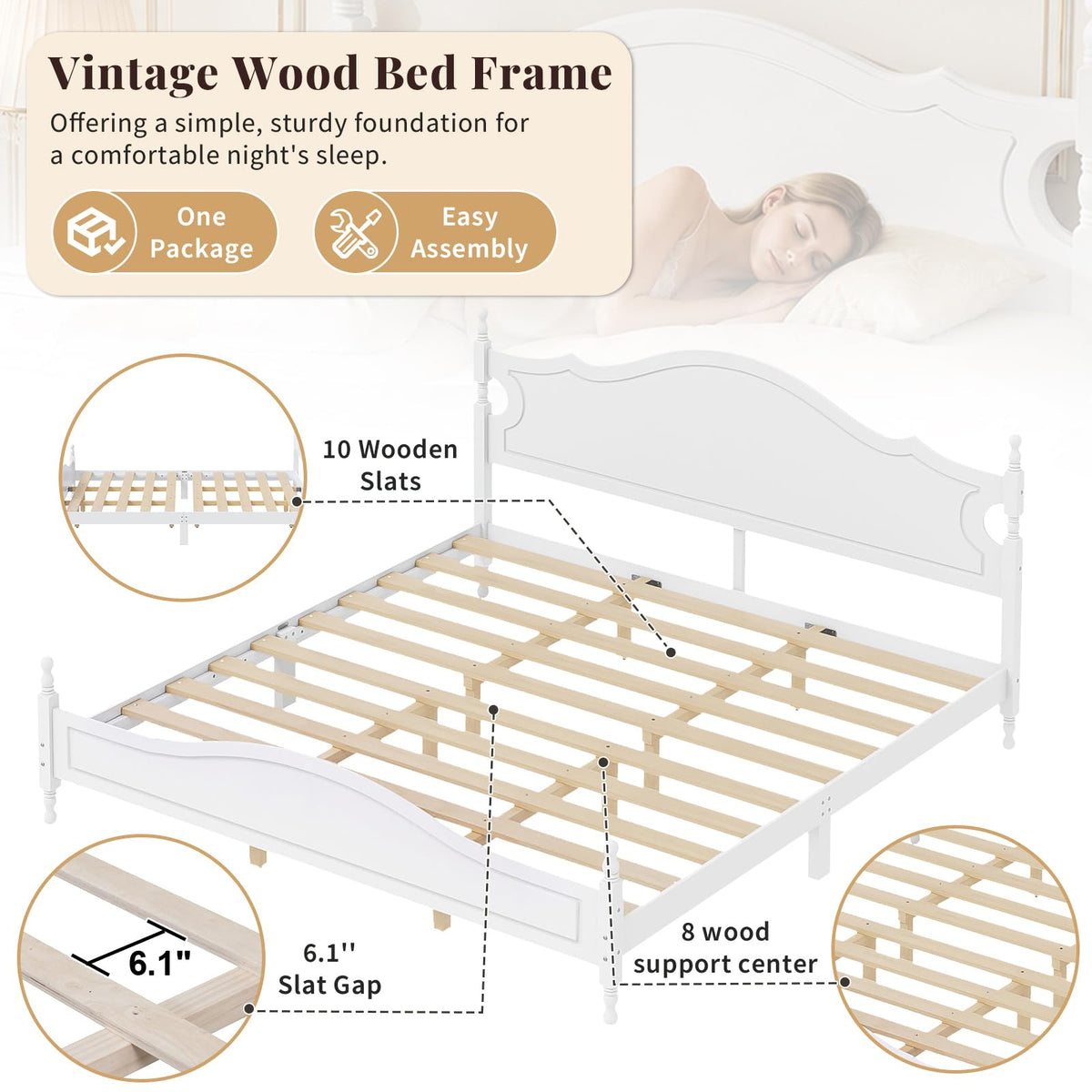 White Wood Bed Frame with Vintage Headboard, Gothic Style Wooden Platform Bed with Wood Slat Support