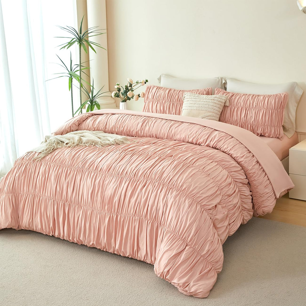 Blush Bed in a Bag 5-Piece Boho Ruched Bedding Comforter Set Soft Luxury Fluffy Pleated Textured Pink