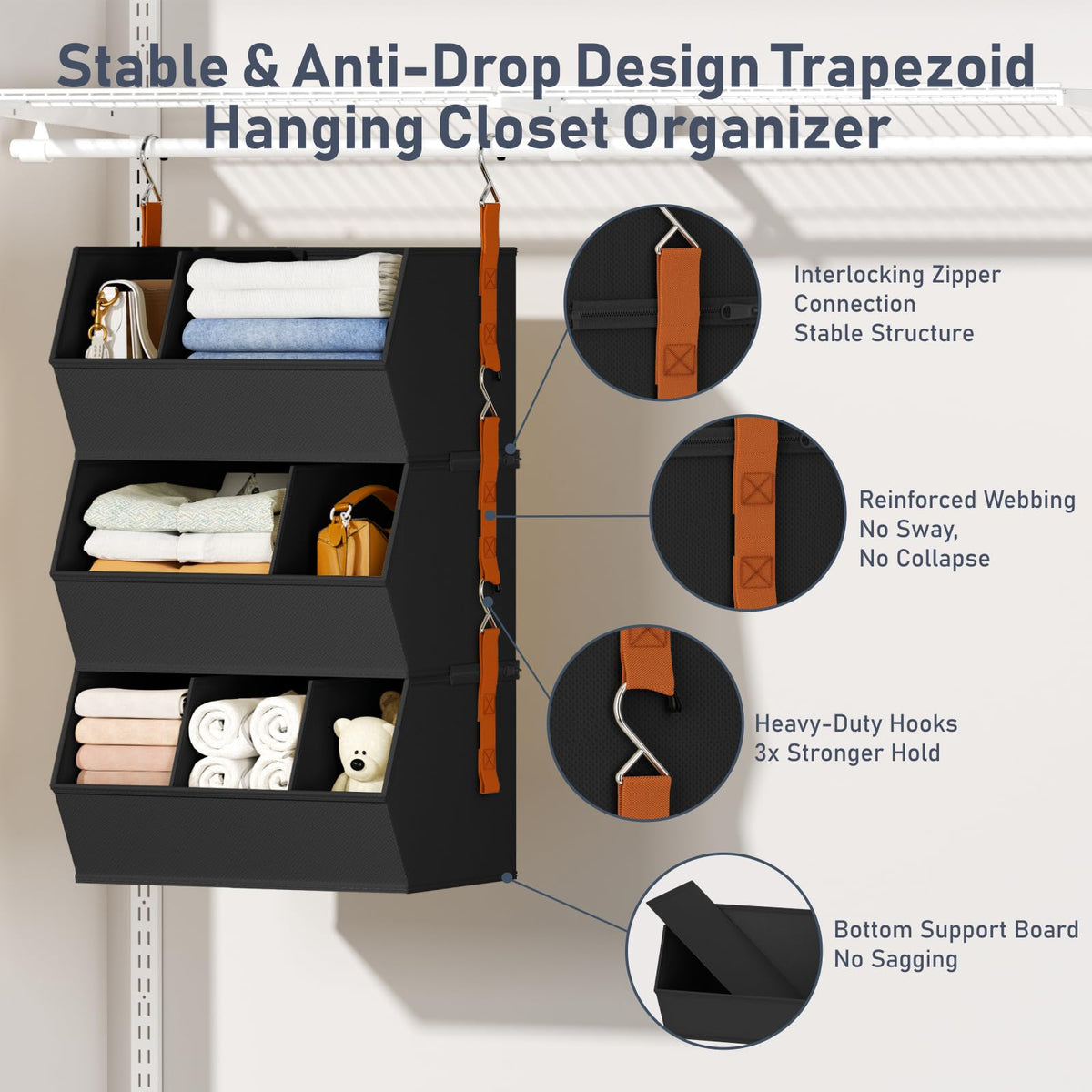 Hanging Closet Organizer Extra Large, Clothes Hanging Shelves for Closet with Divider, Collapsible Closet Storage