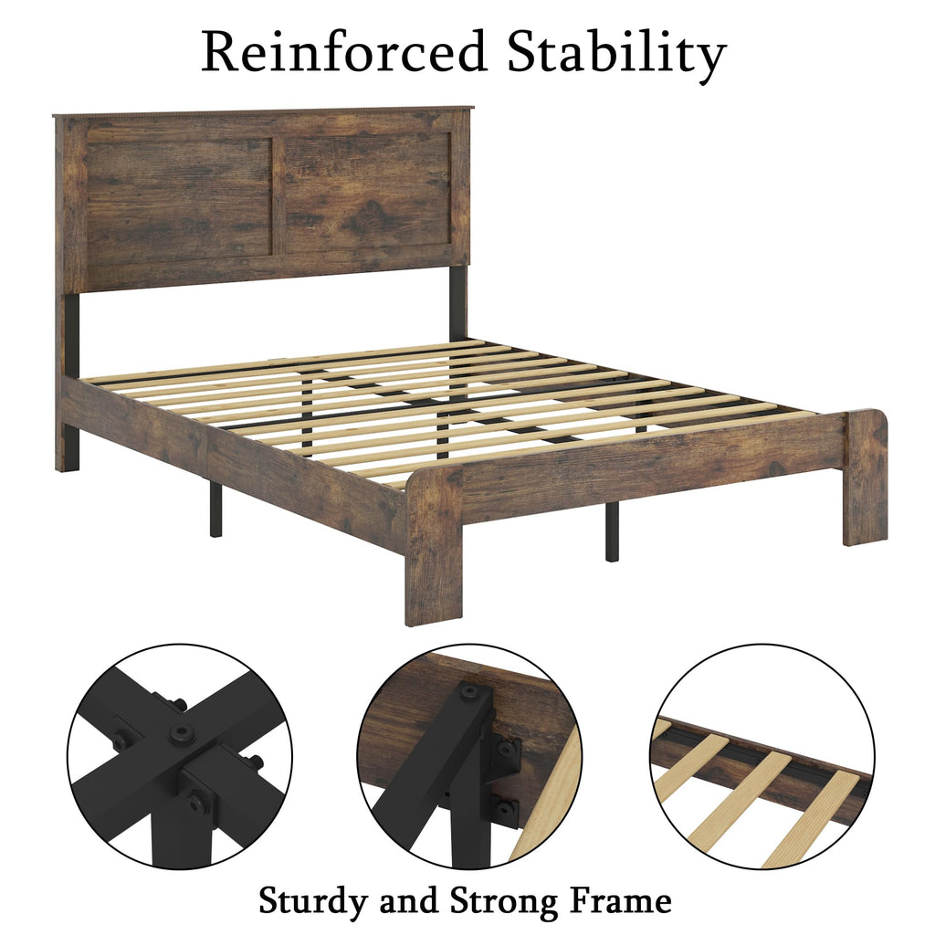 Rustic Vintage Bed Frame with Headboard, Wooden Platform Bed Frame with Wood Slats, Easy
