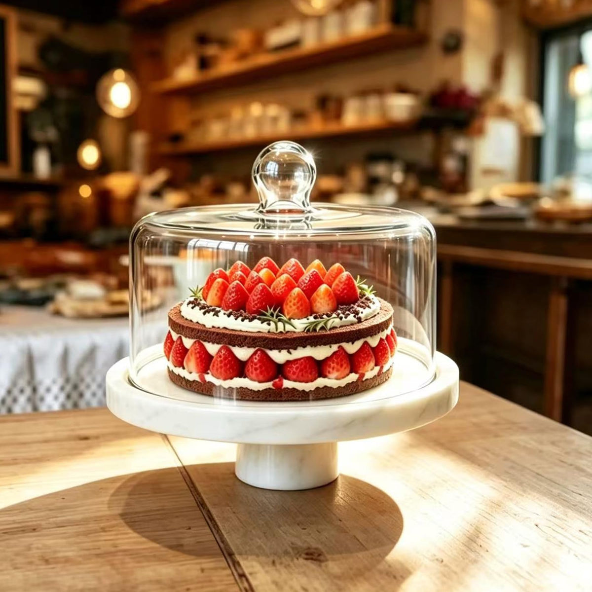 Marble Cake Stand with Glass Dome, Holds 9.84" Cake, with Lid