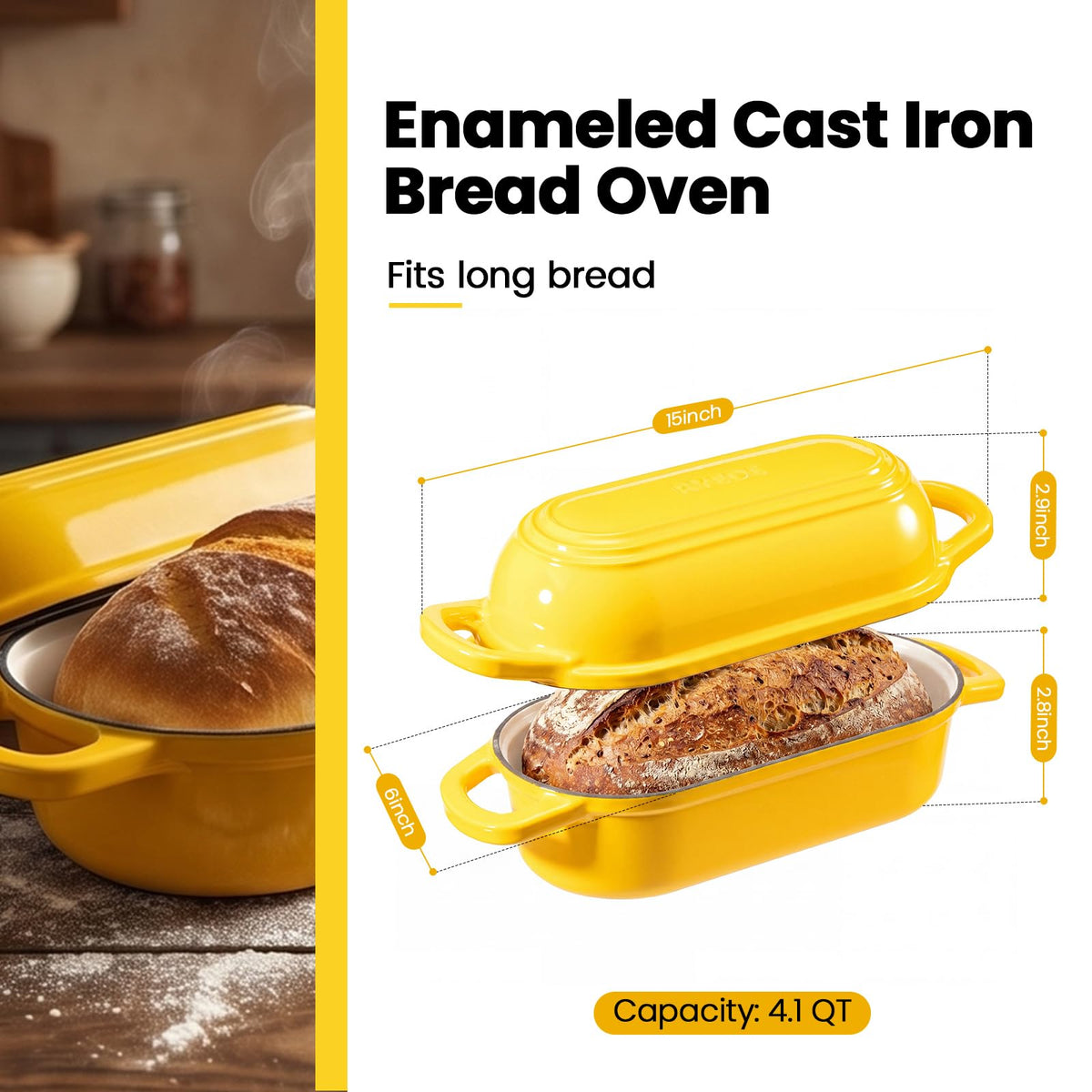 Oval Dutch Oven for Bread Baking,11.3x5 Enameled Cast Iron Bread Pan,Yellow