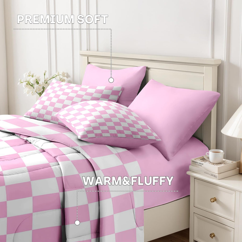 Comforter Set with Sheets, 7 Pieces Pink Plaid Bedding