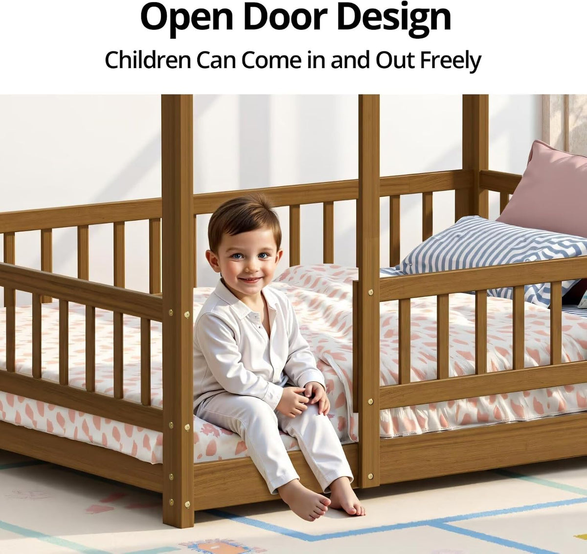 Queen Size Montessori Floor Bed Frame with Slats and Fence, Wooden House Bed for Boys Girls Bedroom, Light Espresso