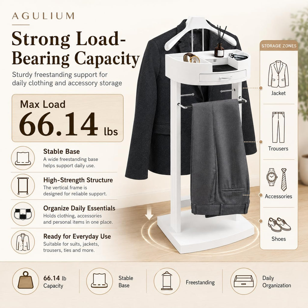 Suit Valet Stand, Standing Wooden Clothes Stand, Clothes Organizer Hanger Rack for Suit Coat Jacket Shirt Bedroom