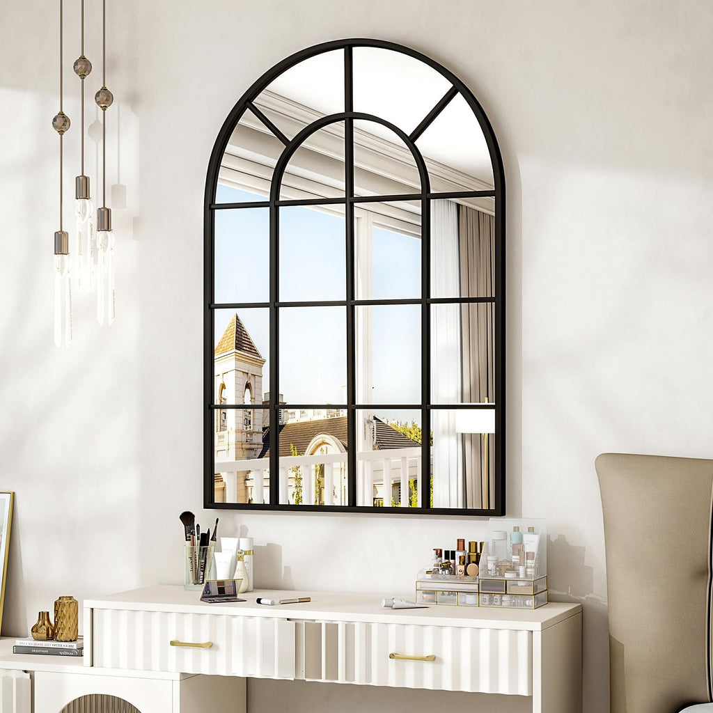 30"x 40" Windowpane Arched Wall Mirror with Metal Frame, Black