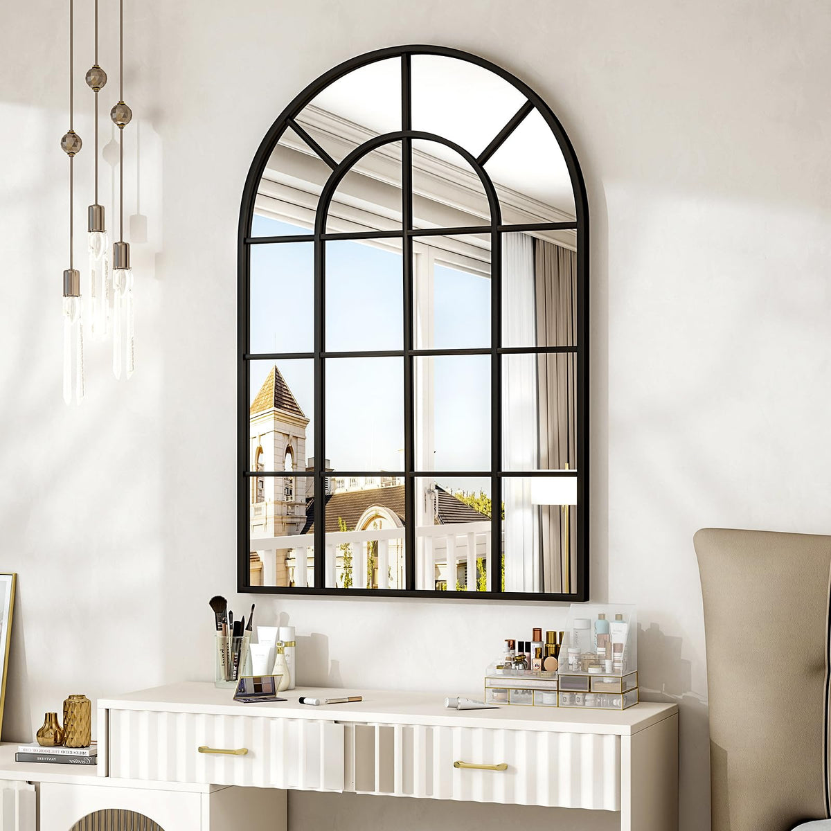 30"x 40" Windowpane Arched Wall Mirror with Metal Frame, Black