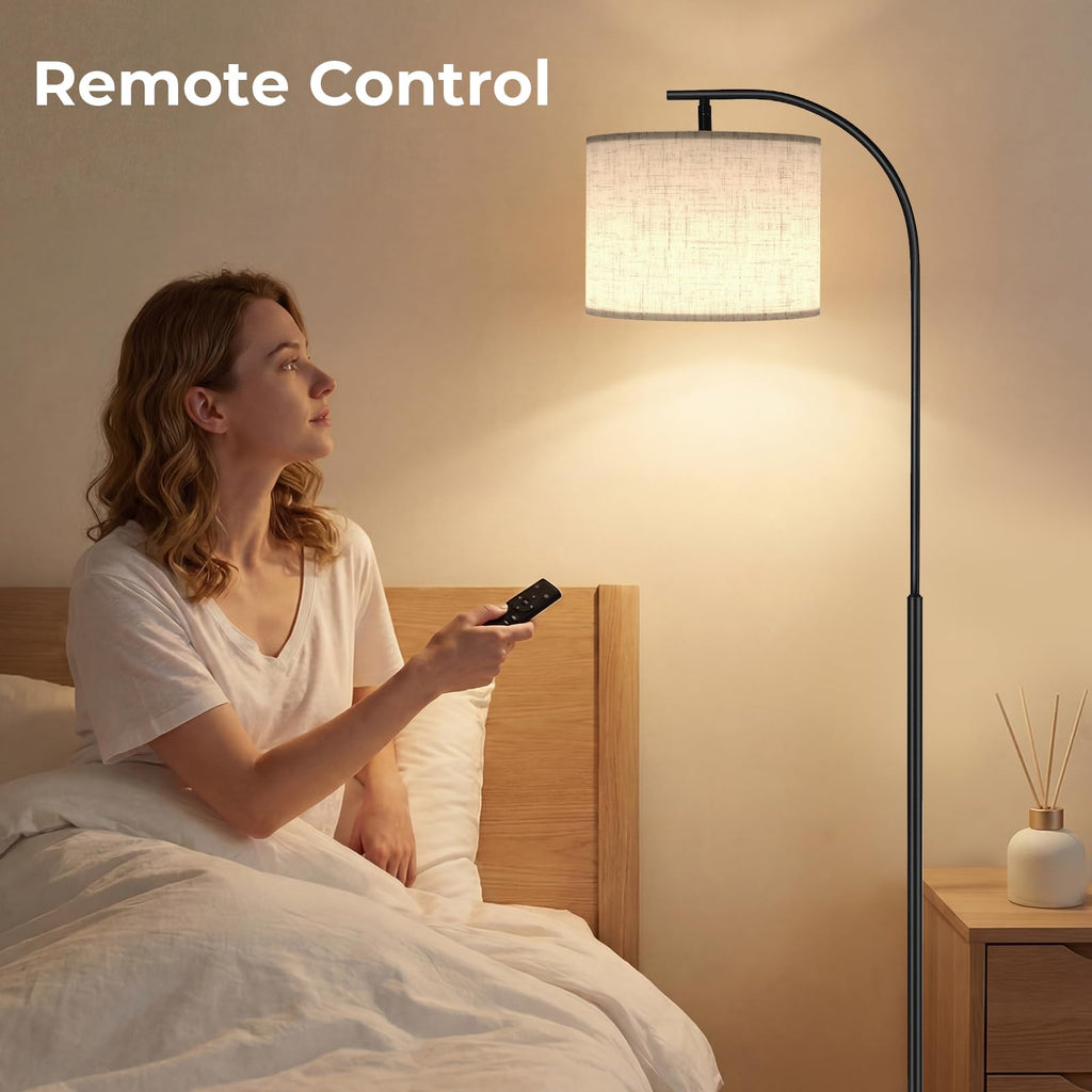 Floor Lamp with Linen Shade, Arc Dimmable Tall Standing Lamp with Remote Control, Modern Floor Reading Light Bedroom