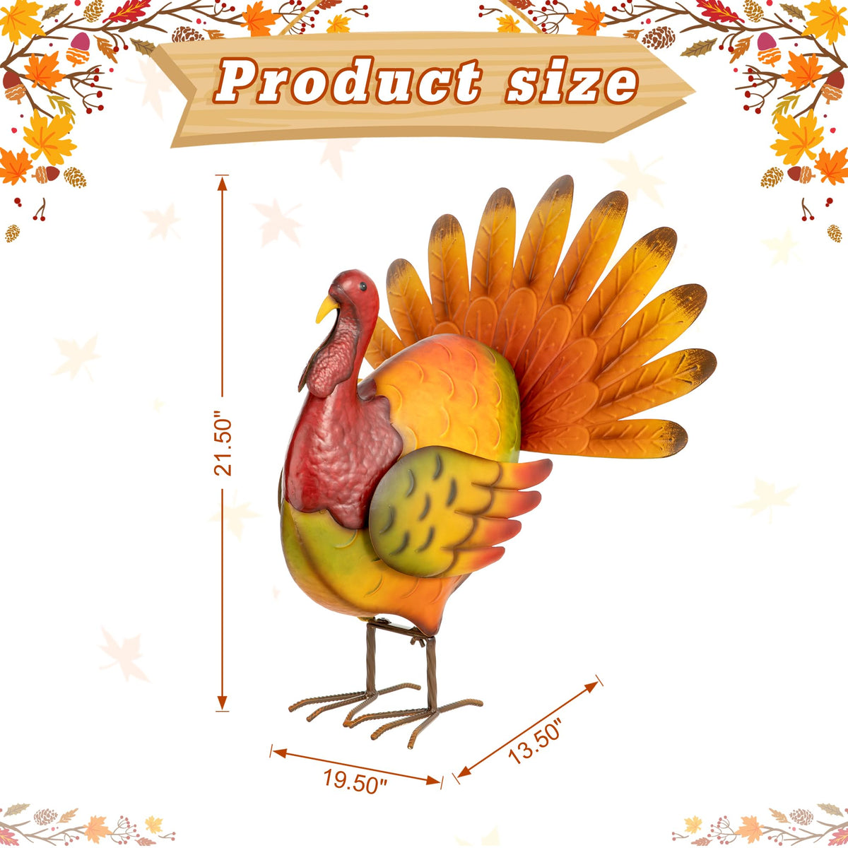 21.5"H Thanksgiving Metal Turkey Porch Decor, Farmhouse Hand-Painted Rustic Turkey Sculpture Statue Sign for