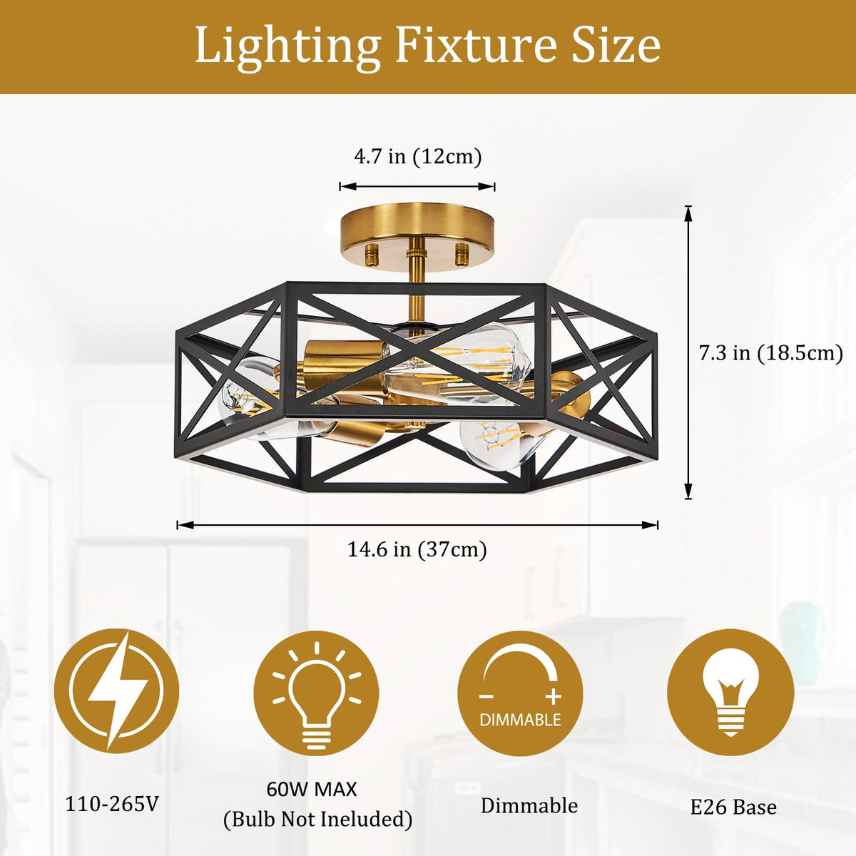 Black and Gold Modern Farmhouse Semi Flush Mount Ceiling Light 14.6 in