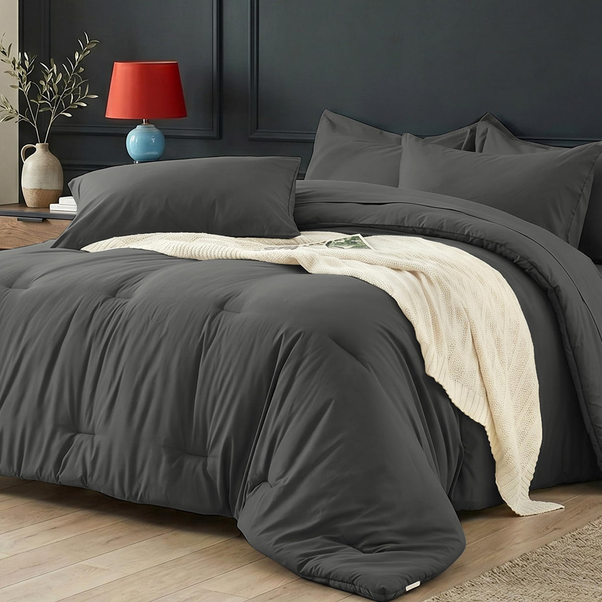Comforter Set 7 Piece with Lightweight Comforter, Dark Gray