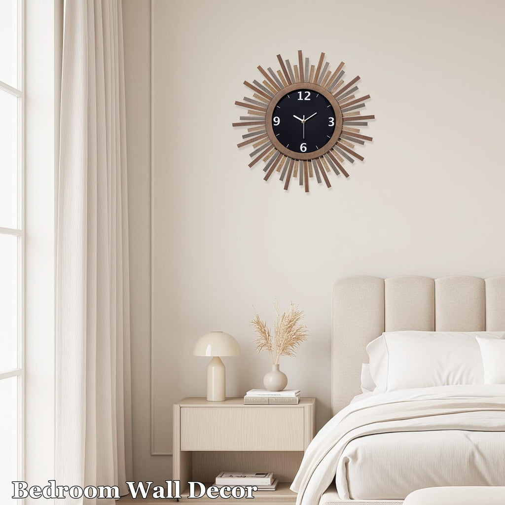 Inspired Nelson Style 18 Inch Large Wall Clock, Battery Operated, Silent, Rustic Wood Boho Sunburst Decorative Wall Clocks Kitchen Bedroom