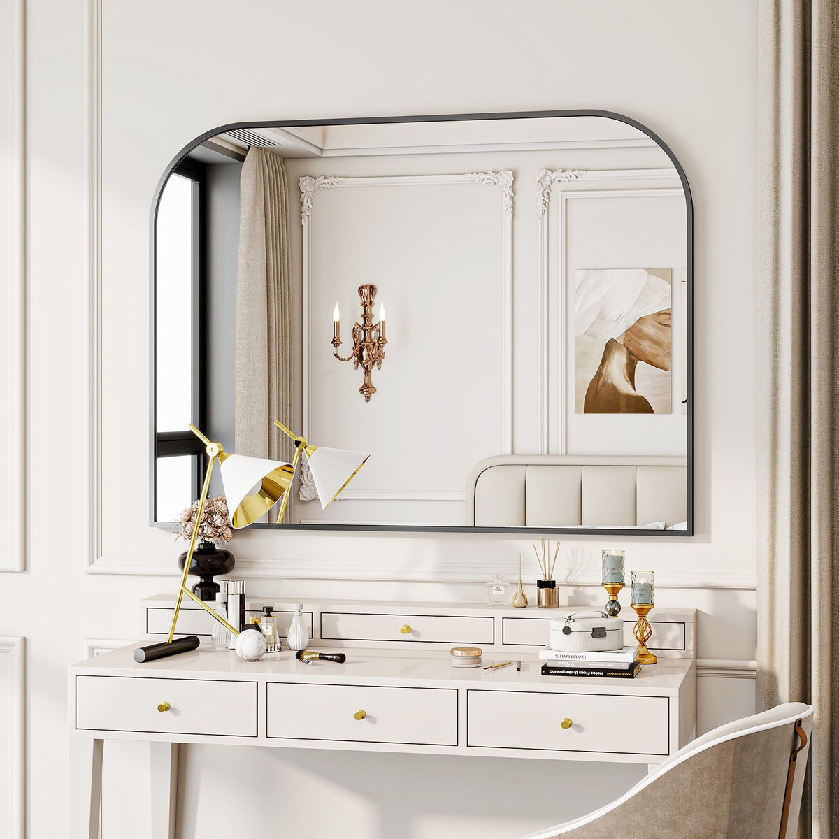 Black Arched Top Wall Mounted Mirror 48"x30"