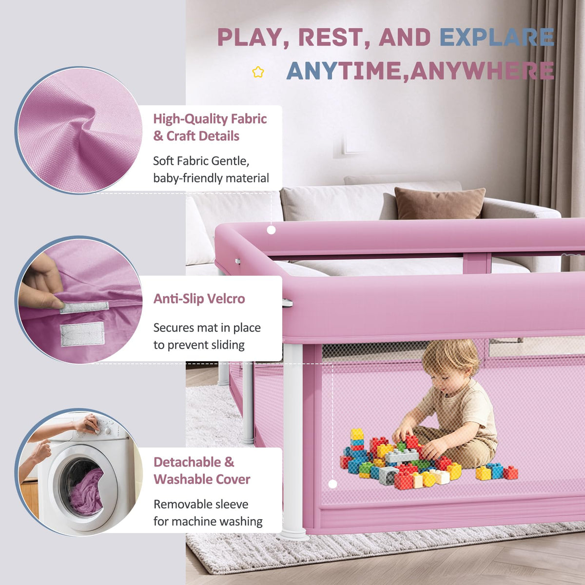 Foldable Baby Playpen with Mat, 50"×71" F oldable P laypen for Babies and Toddlers, Indoor & Outdoor Kids Safety Play