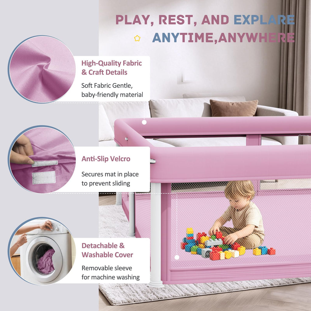 Foldable Baby Playpen with Mat, 50"×71" F oldable P laypen for Babies and Toddlers, Indoor & Outdoor Kids Safety Play