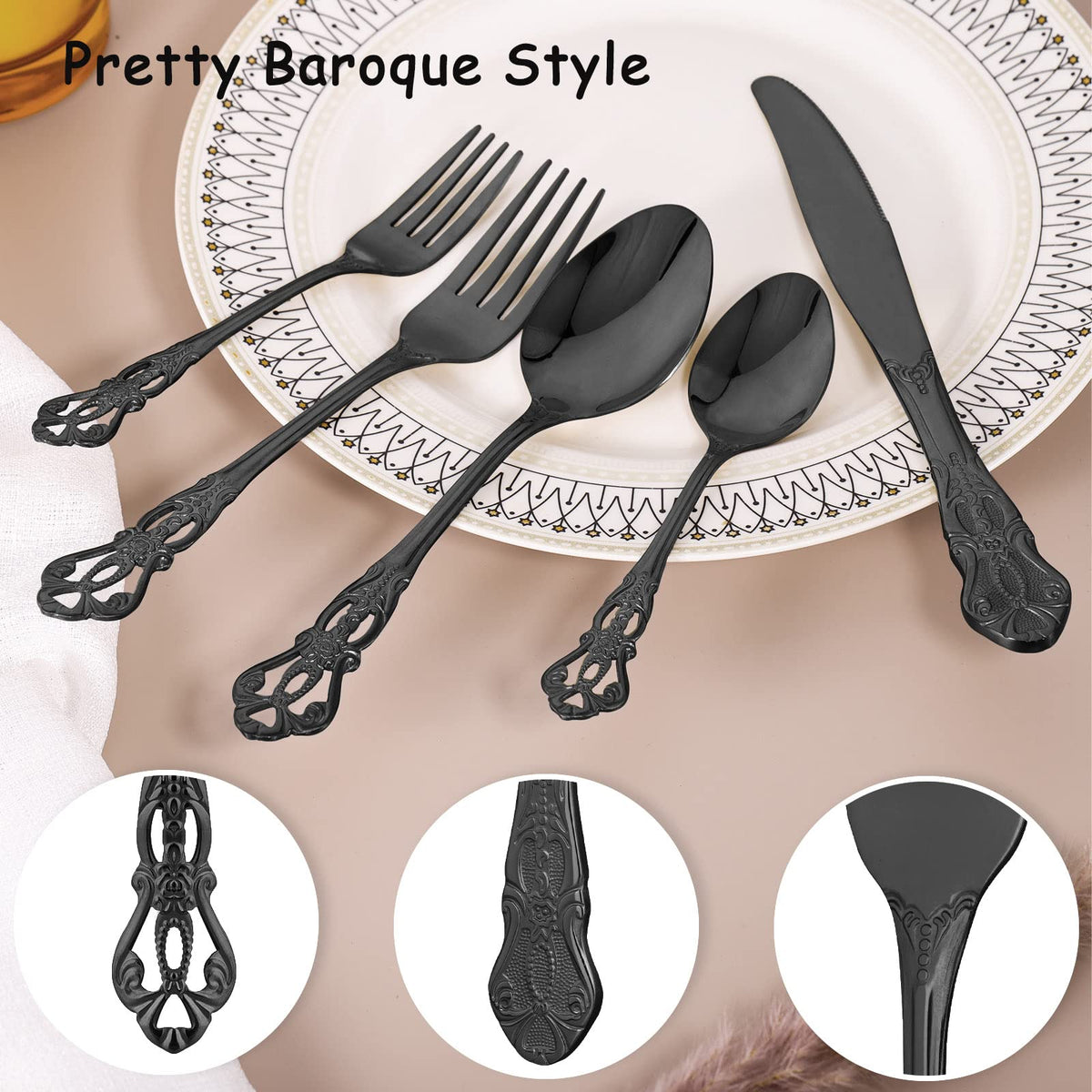 Black Silverware Set for 8, Stainless Steel Gorgeous Retro Royal Flatware Set, 40-Pieces Cutlery Tableware set