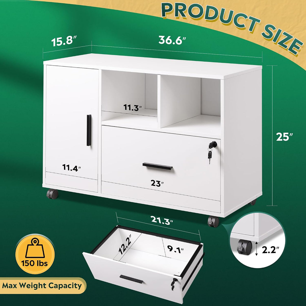 Office File Cabinet with Lock, 1-Drawer Wood Lateral Filing Cabinet on Wheels, Printer Stand with Open Storage