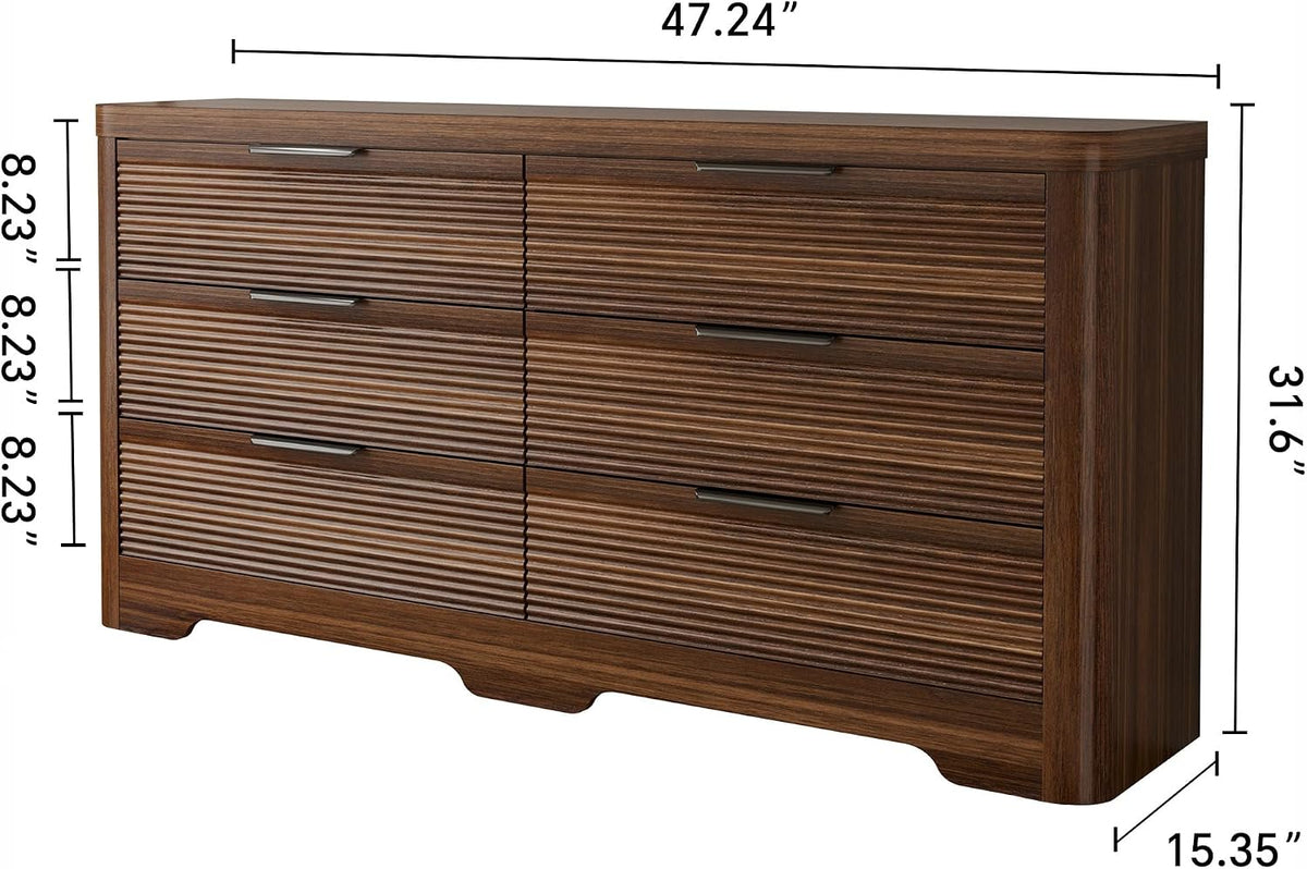 Fluted 6 Drawer Dresser,Farmhouse Wood Dresser | TV Stand,Thickened Curved Profile Design,Bedroom,Entryway,Wood