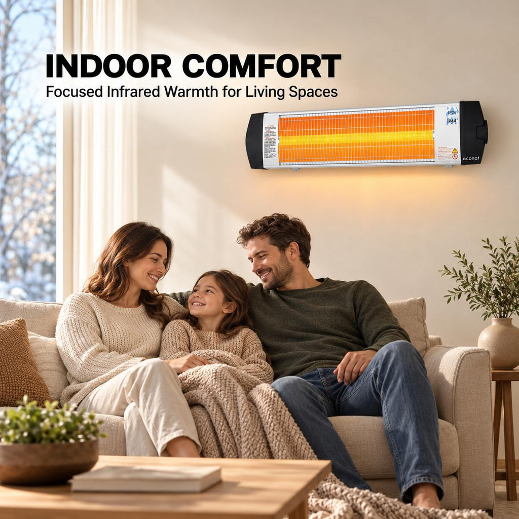 Infrared Heater, Wall or Ceiling Mount, Indoor/Outdoor Electric Patio Heater, Adjustable Thermostat, Silver