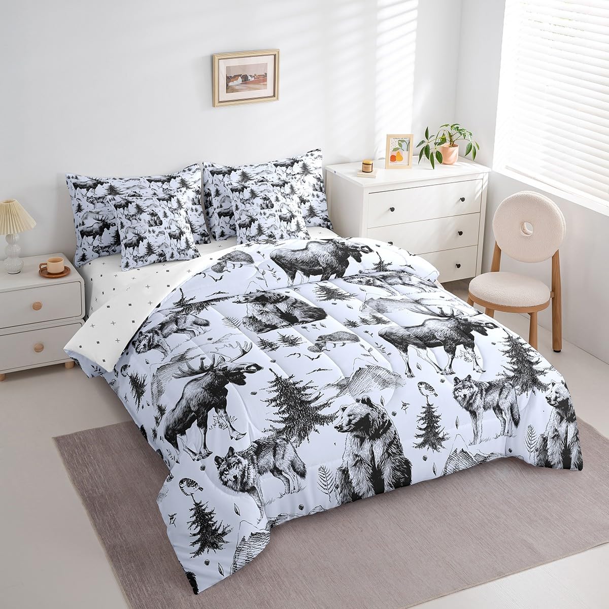 7 Pcs Comforter Set, Rustic Animal Bed in a Bag with Flat