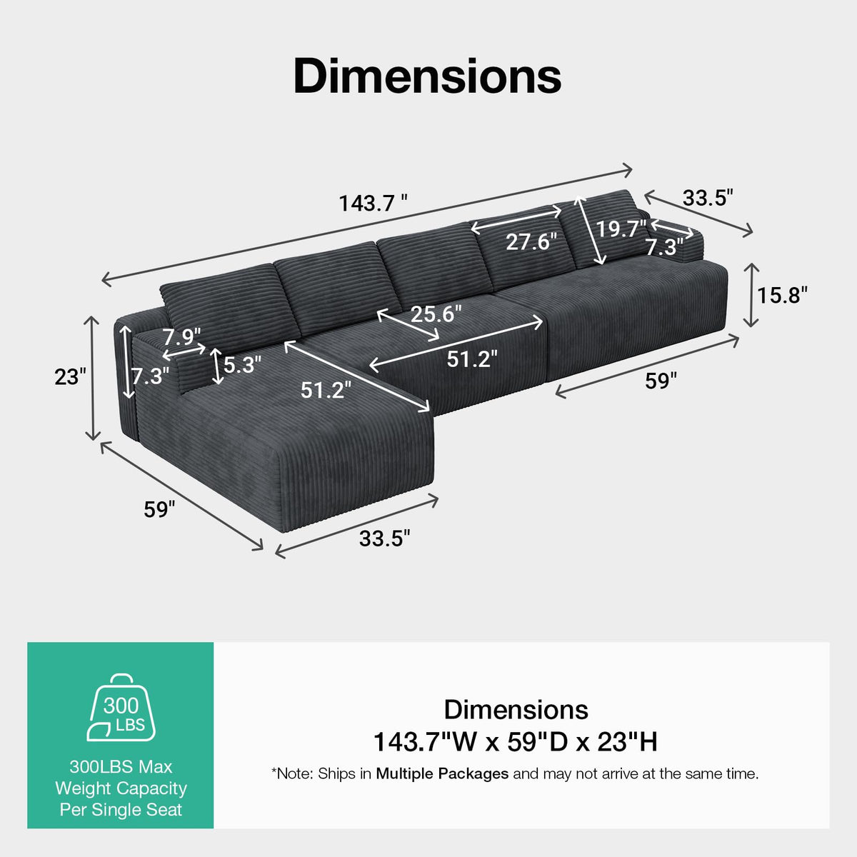 144'' L-Shape Boneless Couches, Corduroy Dark Grey
