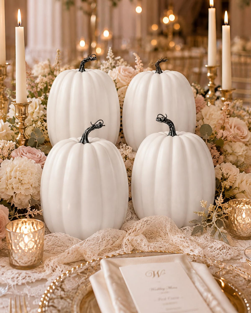 4 Pack 8 Inch Large White Artificial Pumpkins for Fall Decor