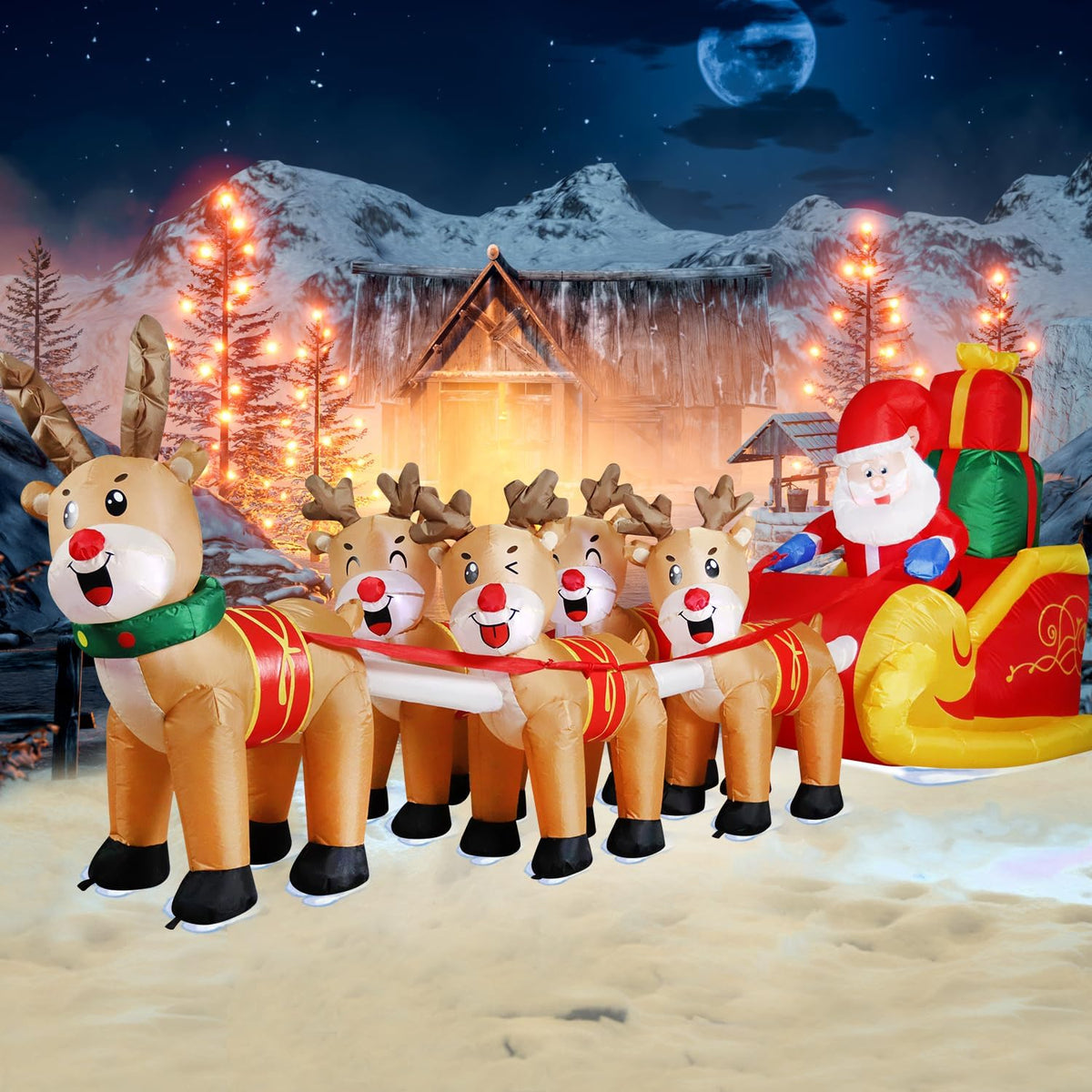 12 FT Christmas Inflatable Outdoor Santa Claus on Sleigh with Five Reindeer, Building LED Lights, Blow Up Yard