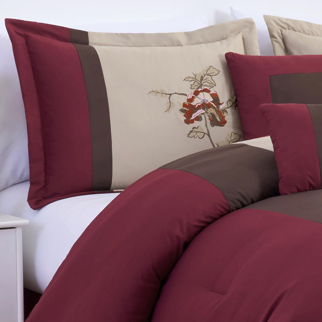 Vienna 7-Piece Embroidered Floral Comforter Set (Burgundy Taupe Brown)