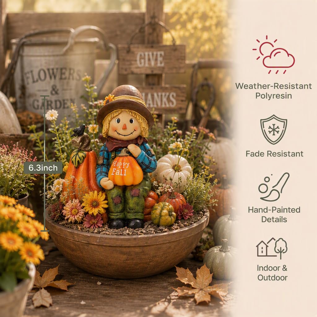 Fall Outdoor Decor Scarecrow Pumpkin Solar Statue 6.3"