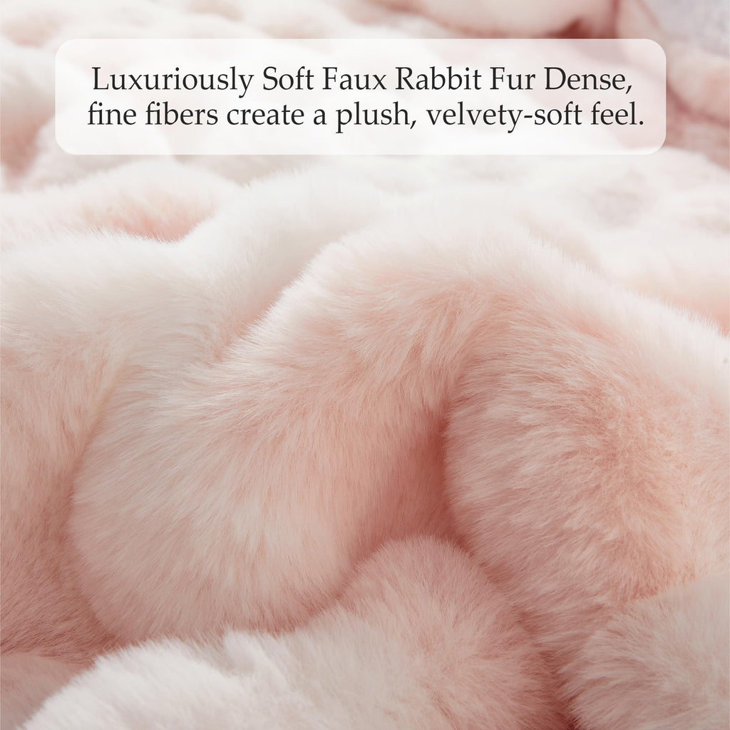 Faux Rabbit Fur Comforter Set, 3-Piece Reversible Sherpa Bedding, 450 GSM Faux Fur with Cozy Sherpa Reverse, 3D