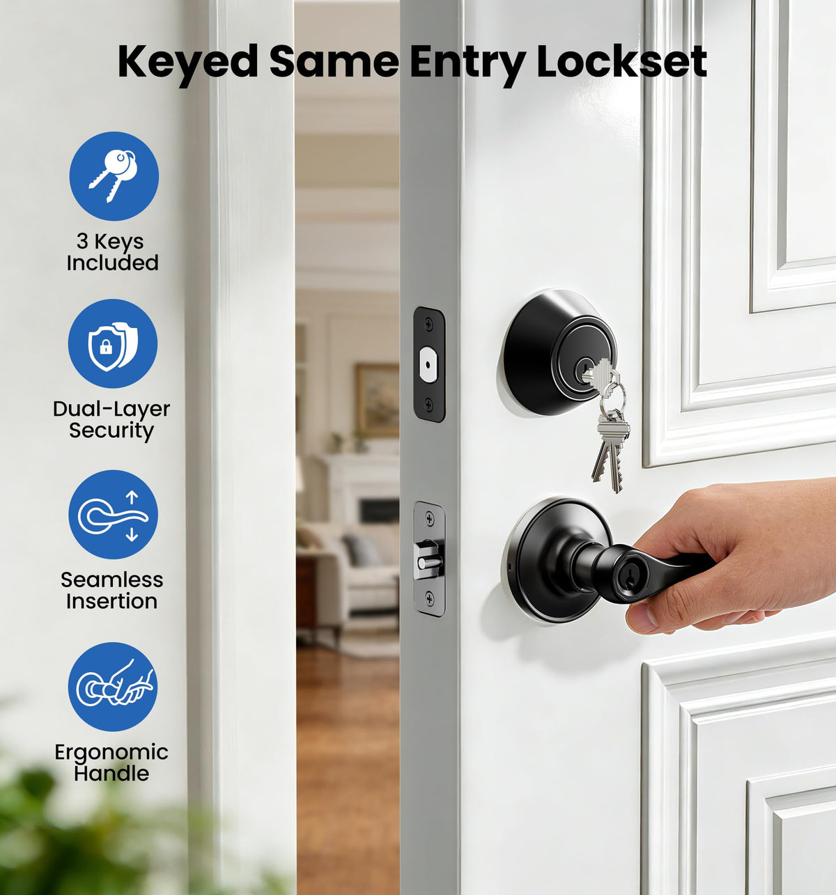 Keyed Alike Exterior Door Handle Lock Set with Deadbolt, Matte Black