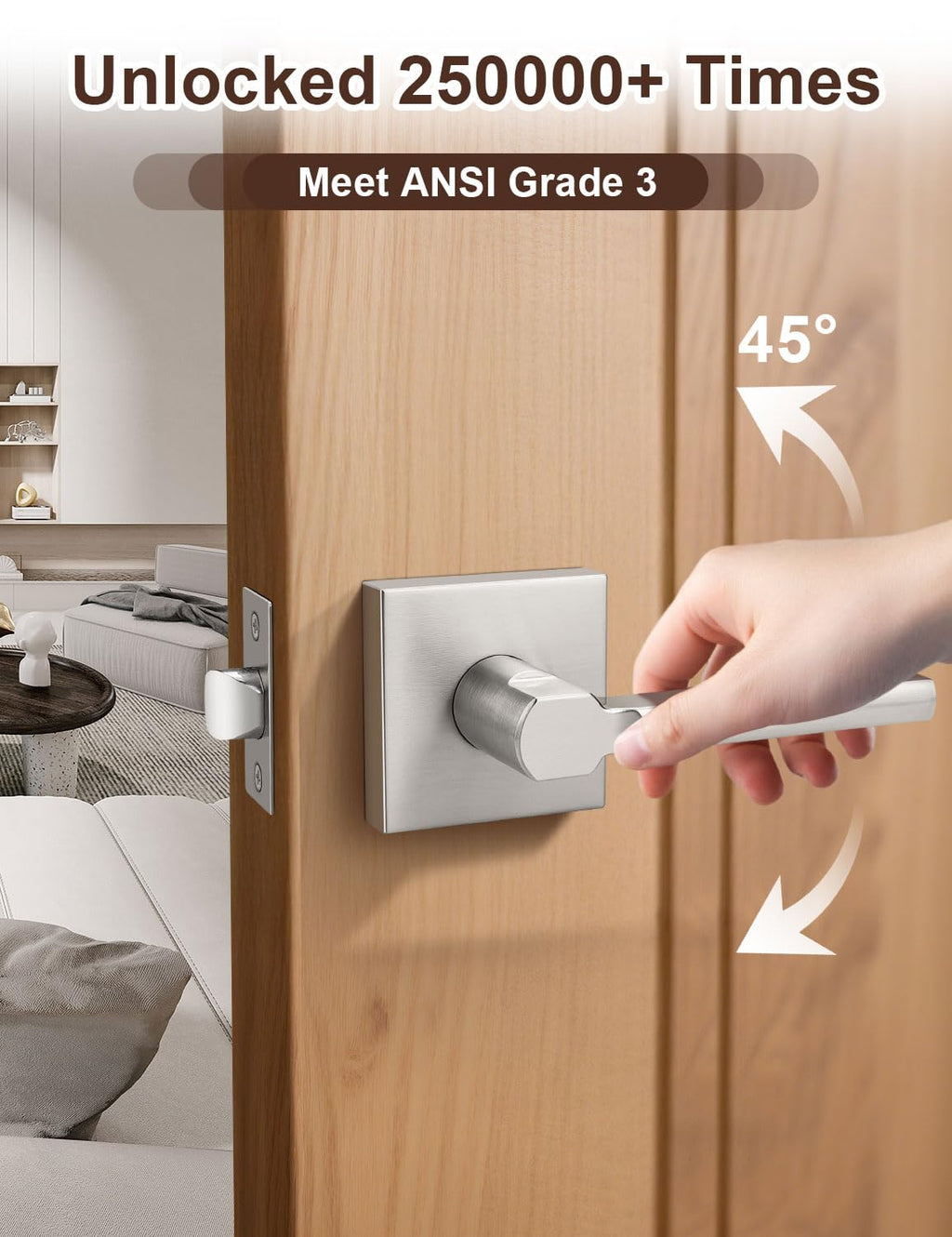3 Pack Square Brushed Nickel Door Handles Interior, Non-Locking Interior Passage Door Lock Hallway/Closet Door Lever