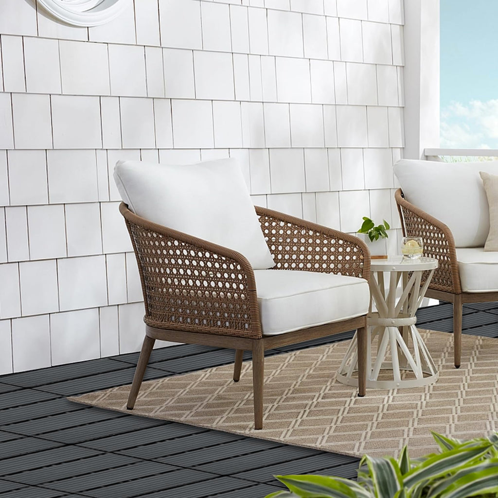 12 PCS Plastic Interlocking Patio Deck Tiles - 12" x 12" Waterproof Indoor Outdoor Flooring, Patio Floor Decking for Balcony, Backyard, Garden & Poolside, All Weather Use, Dark Grey