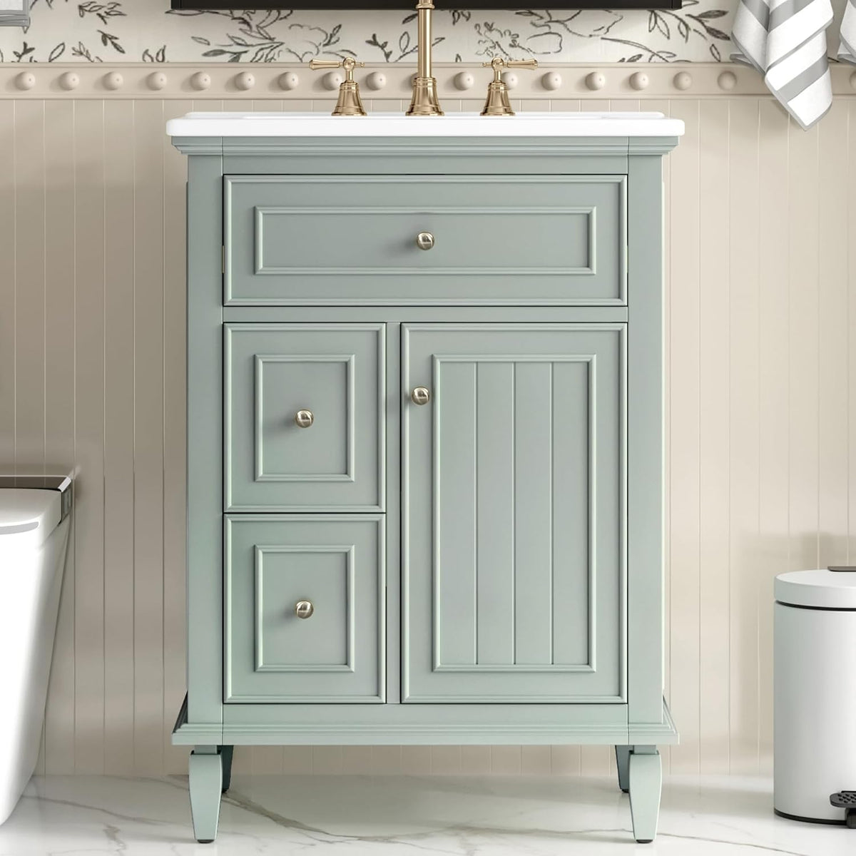 24 Inch Bathroom Vanity with Sink, Solid Wood Bathroom Sink Vanity with Drawers, Freestanding Bathroom Vanities with Adjustable Shelf, Light Green